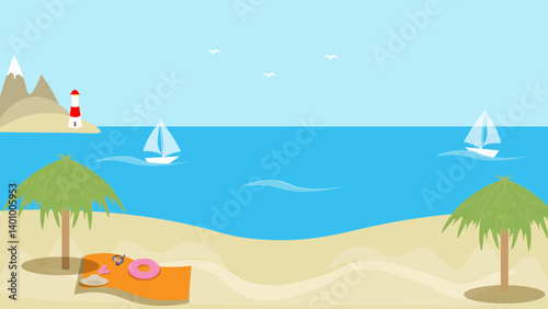 White yachts sail on the blue sea past a tropical beach. There is a lighthouse on the other shore. The concept of travel. Vector illustration