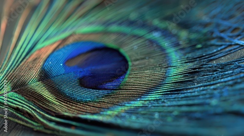 Macro photography of a peacock feather eye spot with vibrant blue, green, gold, and black hues