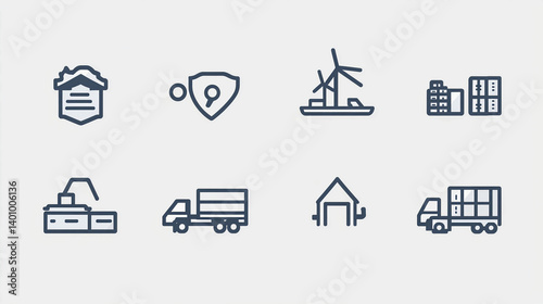 Logistics and supply chain icons set delivery transport shipping warehouse security and manufacturing vector