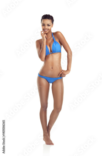 Body, care and portrait of girl with bikini in studio for wellness, detox or diet progress and results on white background. Swimwear, style or face of model confident with vacation swimsuit choice