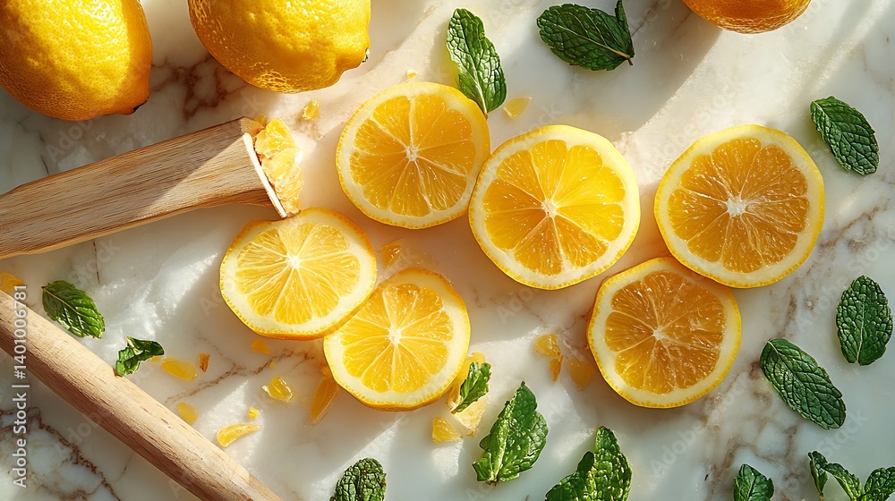 A vibrant flatlay of freshly sliced lemons arranged on a marble surface, with scattered mint leaves, a wooden citrus reamer, and a few lemon seeds adding texture, lit by bright morning sunlight.