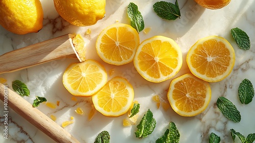 Obraz na płótnie A vibrant flatlay of freshly sliced lemons arranged on a marble surface, with scattered mint leaves, a wooden citrus reamer, and a few lemon seeds adding texture, lit by bright morning sunlight. w salonie