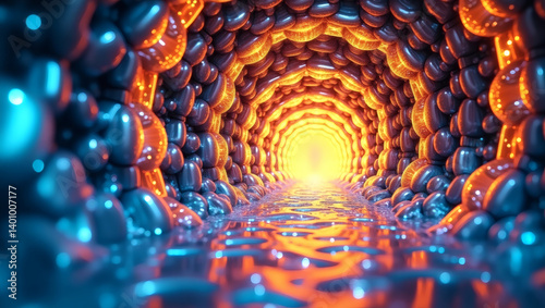 Abstract Glowing Tunnel with Reflective Surface