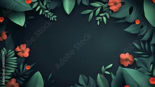 Tropical Floral Frame, Dark Green Leaves