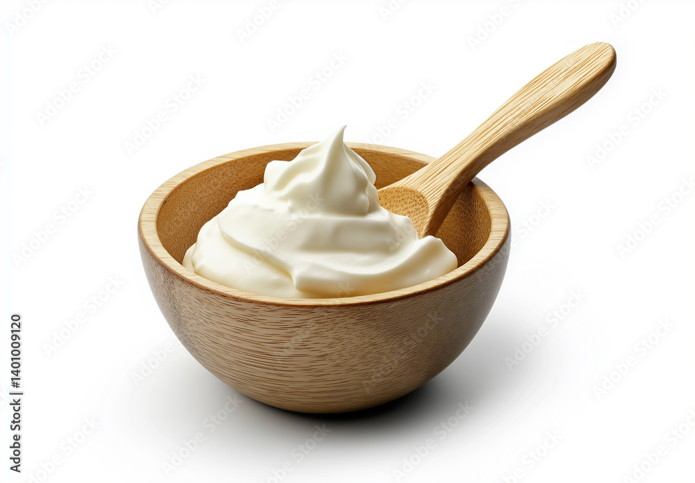 Isolated white vanilla dessert with a spoon in a glass bowl Isolated white vanilla dessert with a spoon in a glass bowl