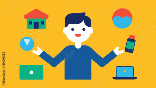 Juggling Responsibilities A person depicted juggling several items including a laptop a smartphone a baby bottle and house keys with a surprised expression on their face.