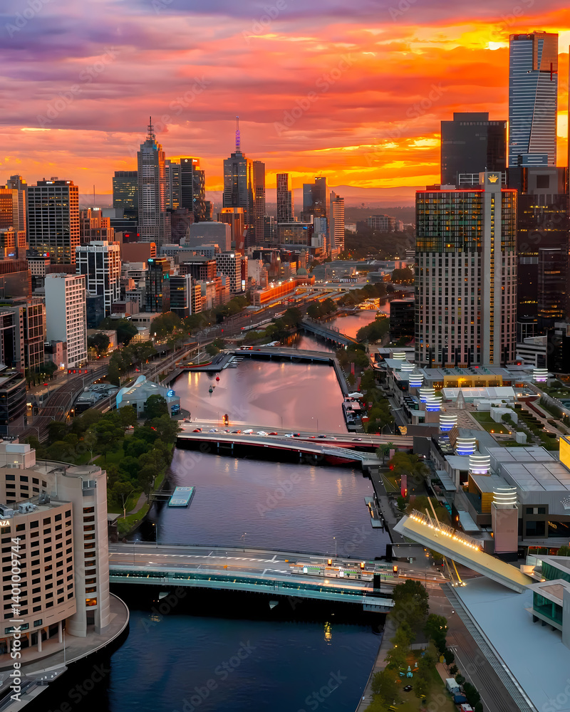 Fototapeta premium Golden Hour Over Melbourne’s Yarra River Skyline