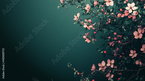 Pink Blossoms on Dark Green Background