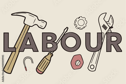 Hand drawn alphabet vector set with work tool icons.
