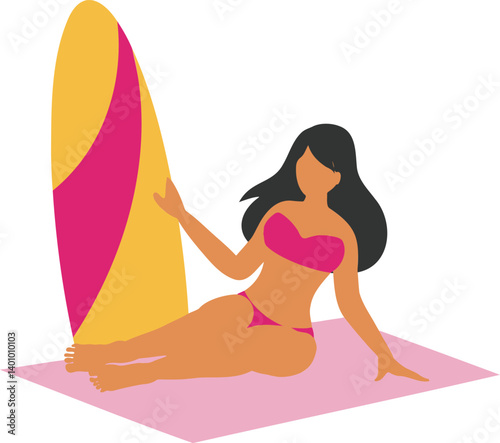 Woman in Bikini with Surfboard on Beach.