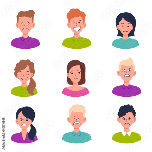 Set of portraits and avatars of man and woman.Facial expression.
