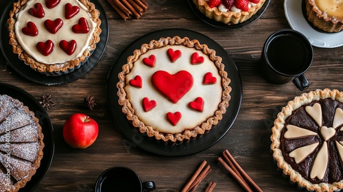 A pair of pies are placed on a table near a cup of coffee and another identical cup of coffee