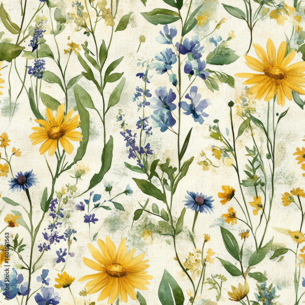 Obraz premium Beautiful floral pattern featuring vibrant yellow daisies, blue flowers, and lush green leaves, creating cheerful and fresh atmosphere perfect for home decor or fabric design