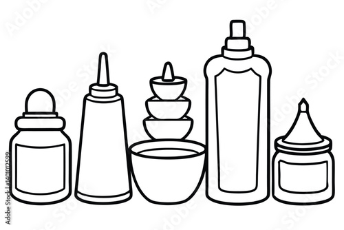 A vector set of various isolated blank plastic and glass liquid medicine, drink, and baby care bottles with caps, droppers, and sprayers