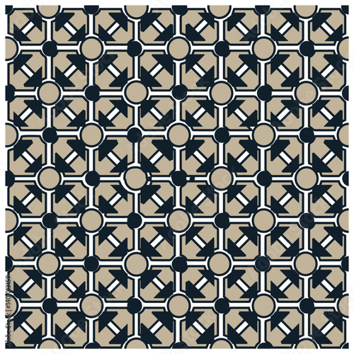 A geometric pattern featuring navy blue arrows and circles on a beige background, creating a uniform, interconnected design.