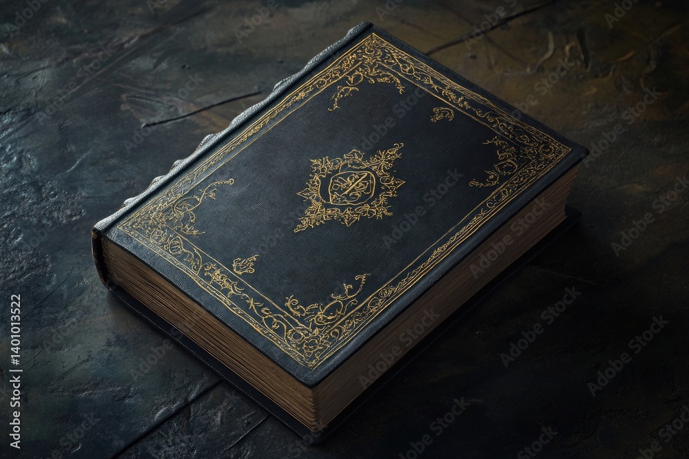 Fototapeta premium Close up of a dark ornate book with gold detailing sitting on a dark textured surface in dim lighting