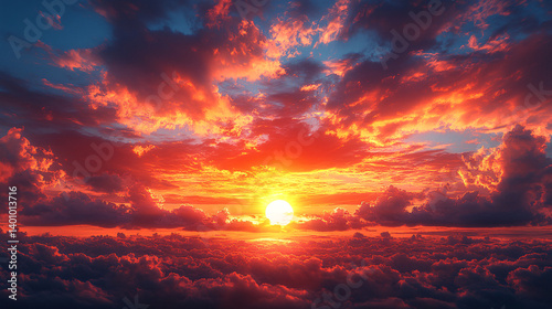 A vibrant sunset casts brilliant colors across the sky, with clouds illuminated in shades of orange, pink, and blue, creating a stunning natural spectacle.