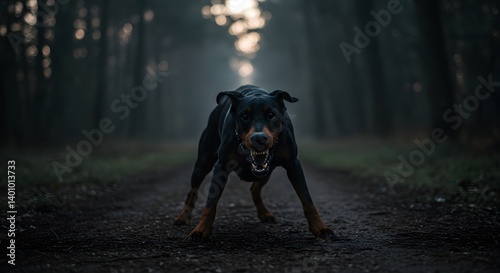 AI image Aggressive black and tan Doberman Pinscher snarling fiercely, baring teeth menacingly on a dark, atmospheric forest path.
