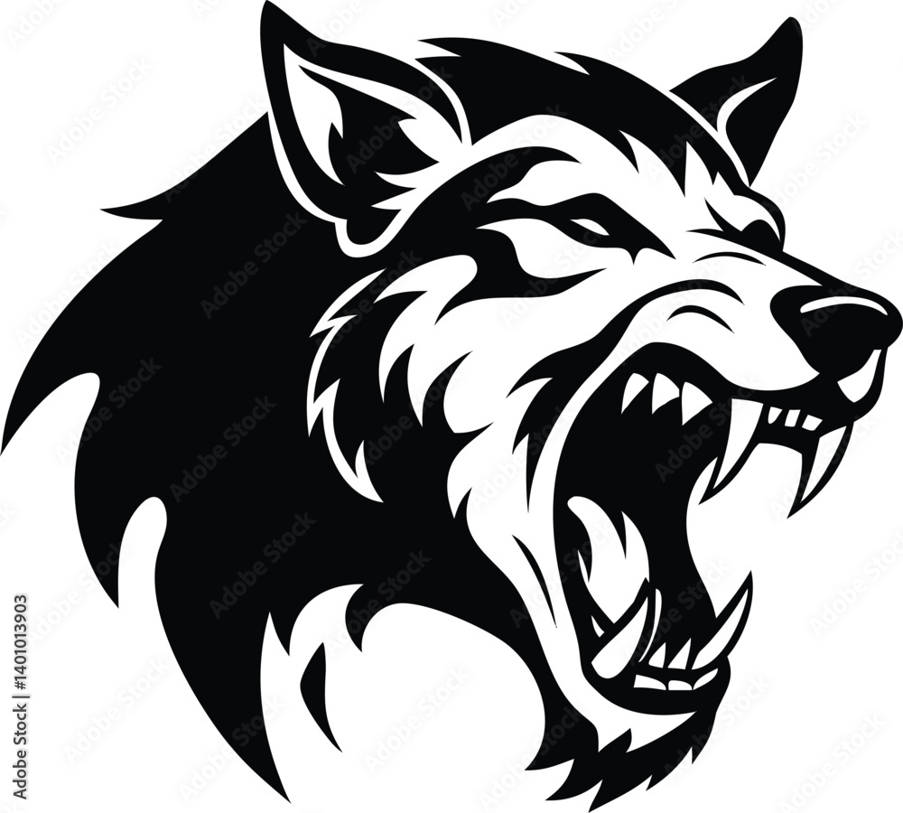Obraz premium Angry Wolf Head in Black and White, Snarling with Open Mouth and Sharp Teeth