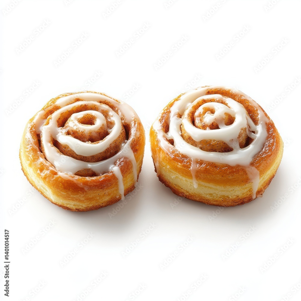 Two cinnamon rolls with glaze on a white background Two cinnamon rolls with glaze on a white background