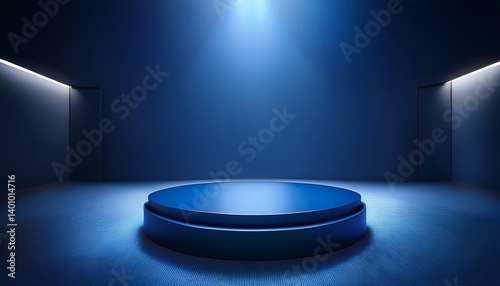 a dark blue circular podium stands in a minimalist dimly lit room with a large circular light source casting a bright glow on the podium