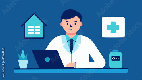 Health Management App A doctor sitting at their desk using a tablet to review health data collected from a patients home health monitoring devices.