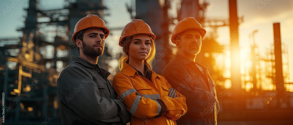 Naklejka premium Oil refinery workers engineers team safety construction industrial plant