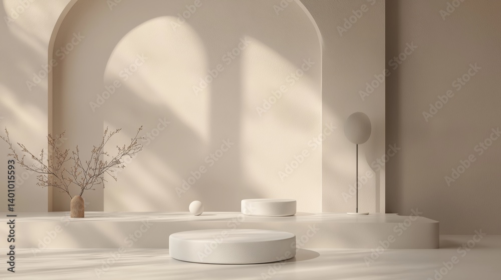 3D product display featuring layered, circular podiums, soft, diffused light creating subtle shadows, and a neutral, muted backdrop 3D product display featuring layered, circular podiums, soft, diffused light creating subtle shadows, and a neutral, muted backdrop