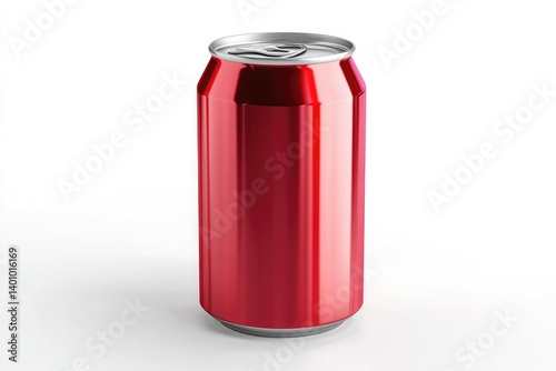 A shiny red aluminum can with a silver top and pull tab on a white background in a studio shot