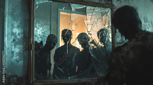 Survivor gazing into a broken mirror, witnessing terrifying zombies reflected within the shadows of an abandoned house during a chilling zombie apocalypse