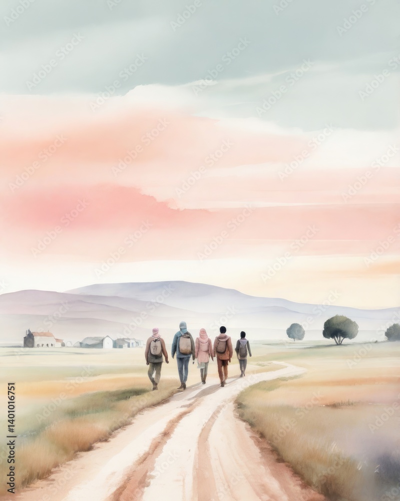 Fototapeta premium Soft pastel illustration of refugees walking through a landscape — minimal flat design with watercolor texture and emotional impact