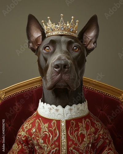 Royal pet dog portrait royalty. Noble Great Dane Portrait Dressed in Embroidery with Royal Crown