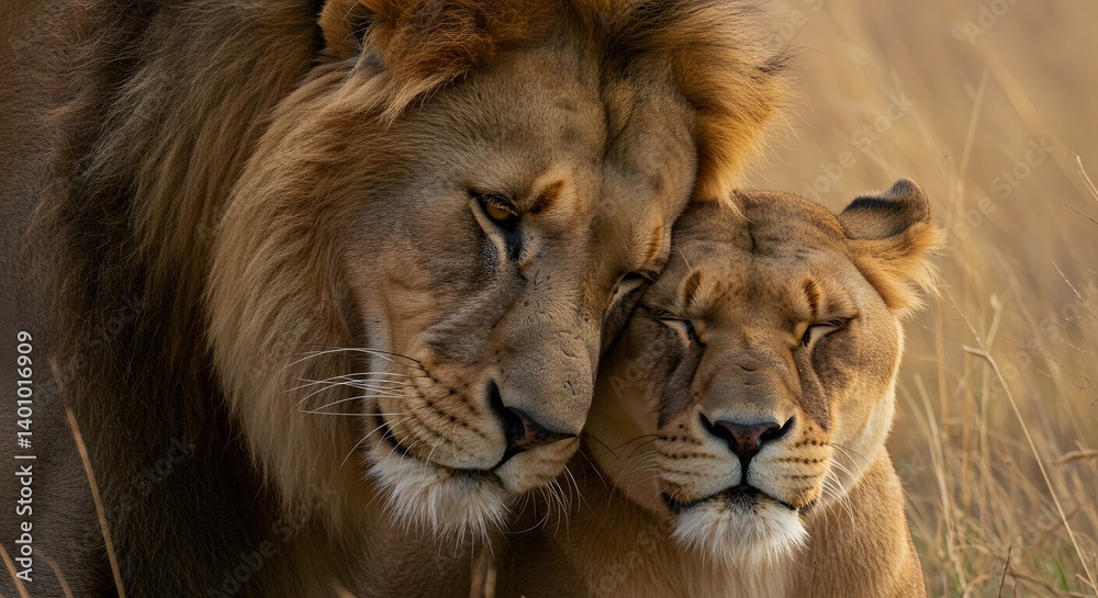 AI image Affectionate lion and lioness nuzzling heads closely together with eyes closed peacefully in golden savanna grass during sunset/sunrise. AI image Affectionate lion and lioness nuzzling heads closely together with eyes closed peacefully in golden savanna grass during sunset/sunrise.