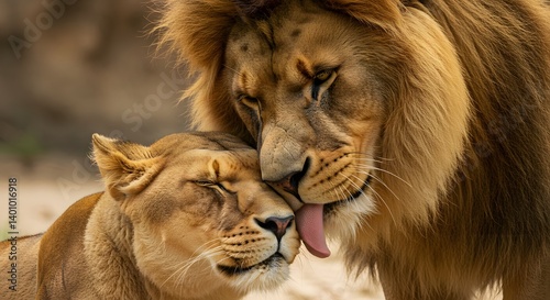 AI image Tender moment as a majestic male lion affectionately licks and nuzzles a lioness, showing love in the wild outdoors.