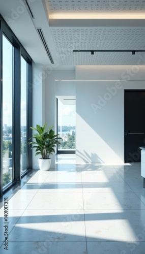 Modern minimalist office interior with a focus on white and blue tones   white  space
