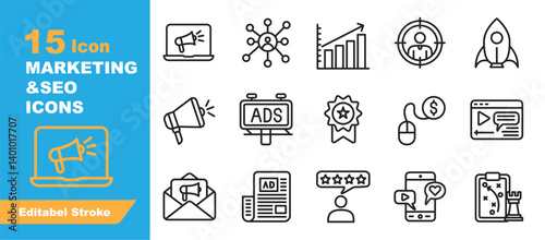 Set of SEO And Marketing icons. Icons Contains digital marketing, billboard, startup, pay per click, strategy marketing, etc . Design elements for you projects. Editable stroke vector illustration.