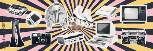 Retro Pop Art halftone Collage of Vintage Technology and Fashion