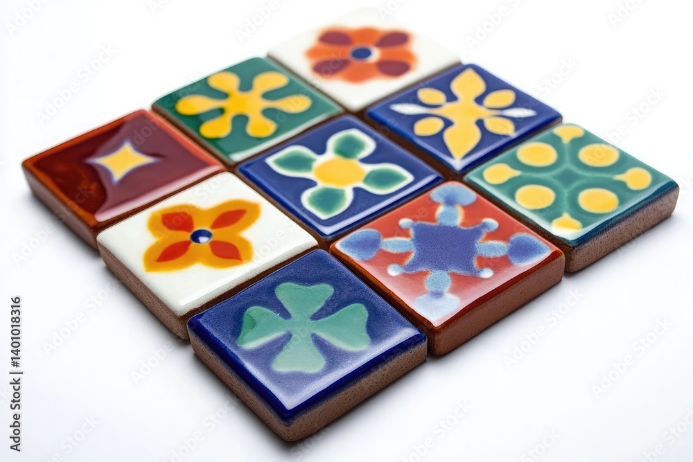 Arrangement of nine decorative square tiles with floral and geometric patterns on a white background Arrangement of nine decorative square tiles with floral and geometric patterns on a white background