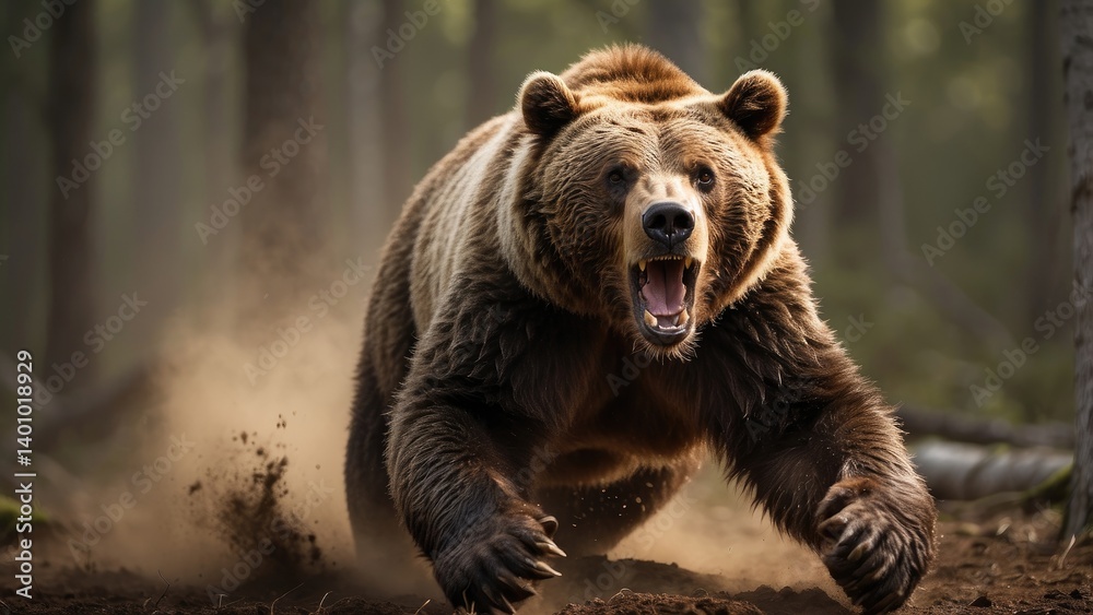 Fototapeta premium A fierce brown bear is captured mid-roar while charging forward in a forest setting