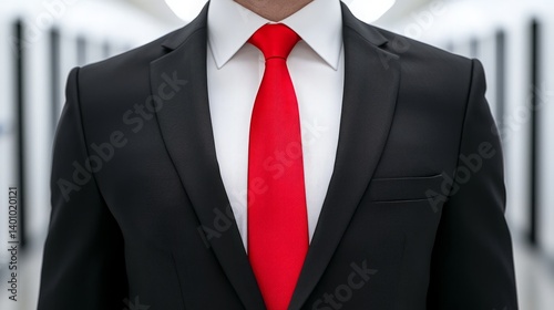 Conflict office diversity. A well-dressed individual in a black suit and red tie stands confidently in a sleek, modern corridor.