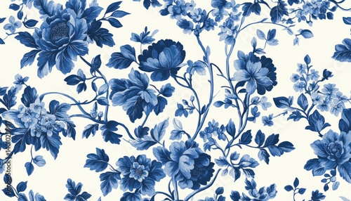 An intricate blue floral toile pattern intertwined with vintage French vines, emphasizing the classic, timeless beauty of European design