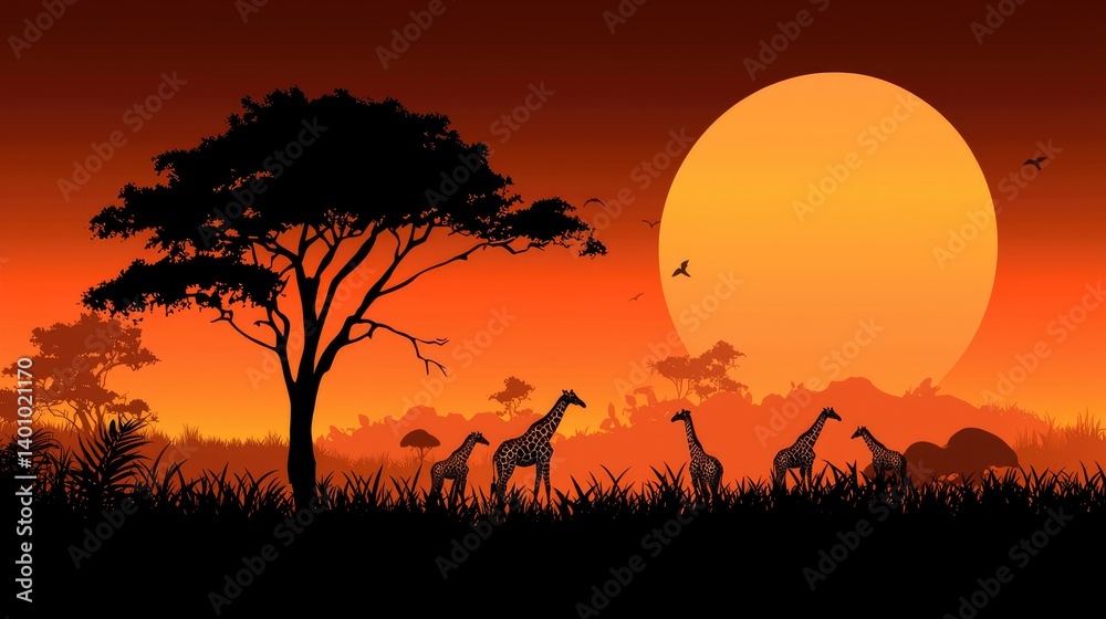African Sunset: Silhouetted Giraffes and Acacia Tree African Sunset: Silhouetted Giraffes and Acacia Tree