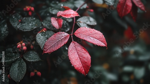 Rain-soaked red leaves, autumn garden, blurred background, nature imagery photo