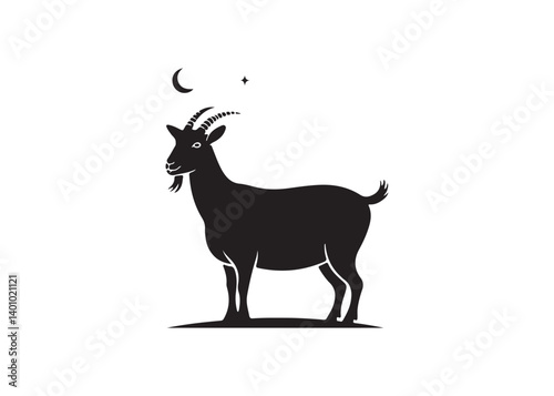 Silhouette of a goat at night, featuring a crescent moon and stars.