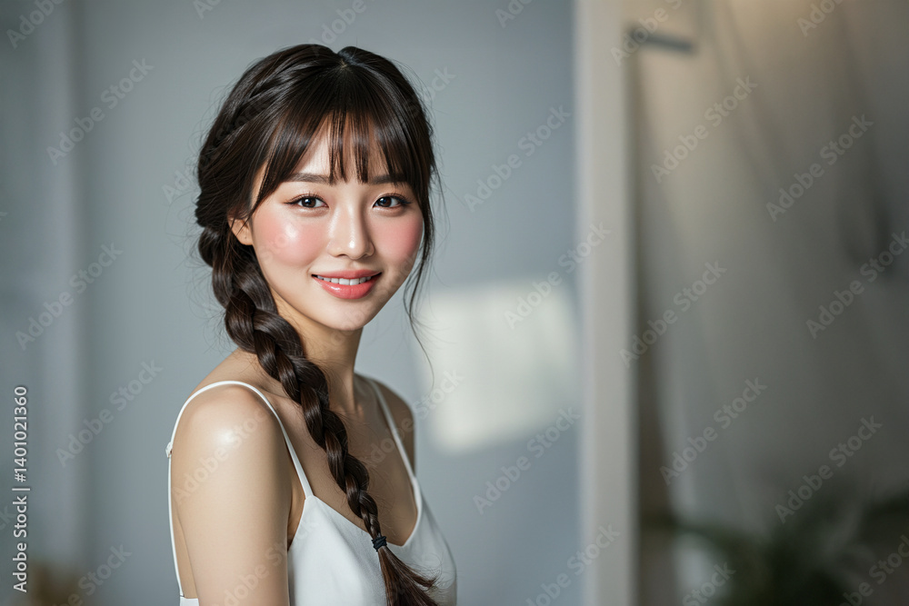 Elegant Korean Beauty Model with Flowing Long Braid Hair - Studio Portrait Elegant Korean Beauty Model with Flowing Long Braid Hair - Studio Portrait