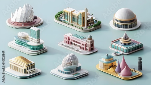 Collection of 12 minimalist geometric 3D architectural icons depicting a variety of modern commercial civic and religious building designs including malls offices domes and towers in a sleek