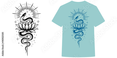 Graceful Snake Coiling Around Lotus Flower, Mystical T-Shirt Print Design. Celestial Serpent with Rays for Spiritual Healing, Meditations, Occult Theme Design for Apparel.