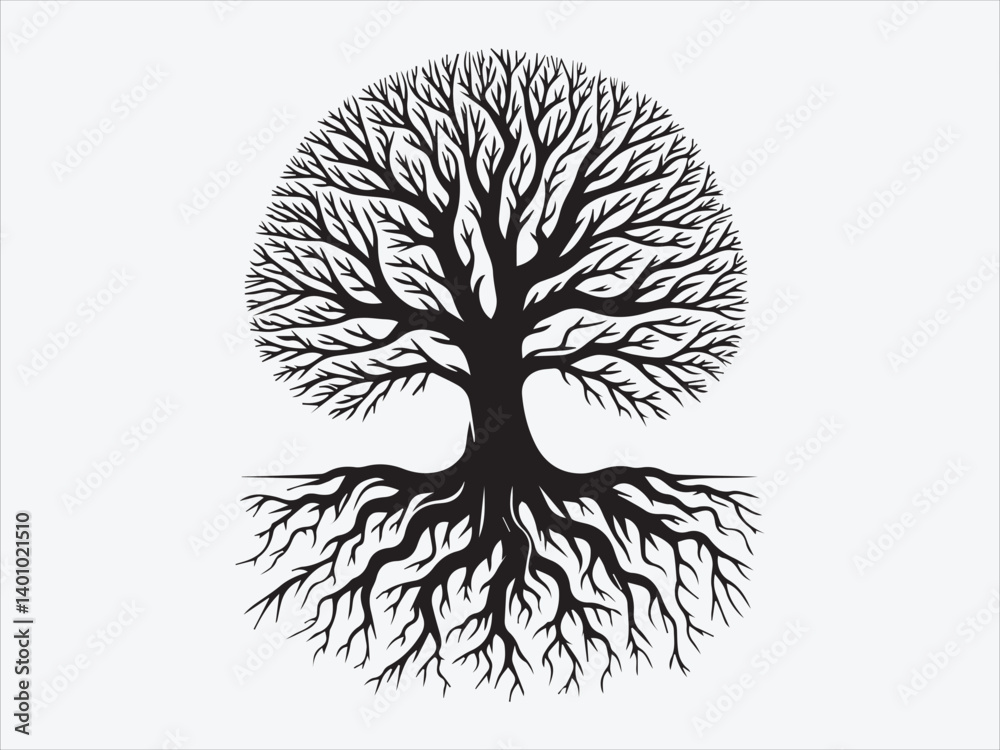 Naklejka premium Tree Roots Silhouette with Detailed Underground Branches for Nature, Growth, and Spiritual Connection Themes