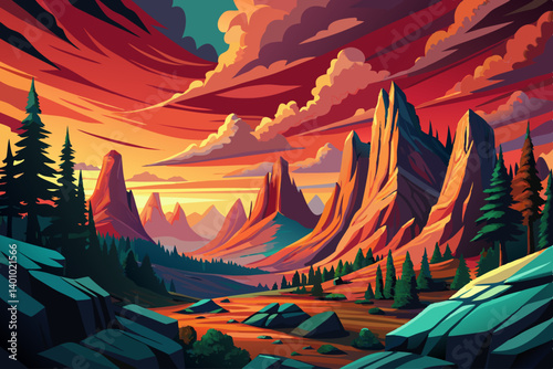 Mountain peak and Sunset canyon view landscape with soft light. vector illustration background pine canyon basking in an exaggerated sunset