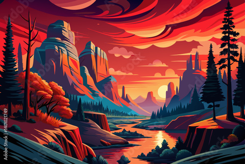 Mountain peak and Sunset canyon view landscape with soft light. vector illustration background pine canyon basking in an exaggerated sunset